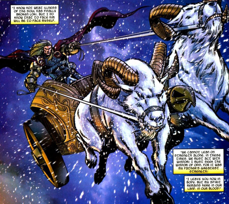 El carruaje de Thor también ha hecho apariciones en los cómics de Marvel. Su debut fue en el número 5 de Thor, en septiembre de 1976.